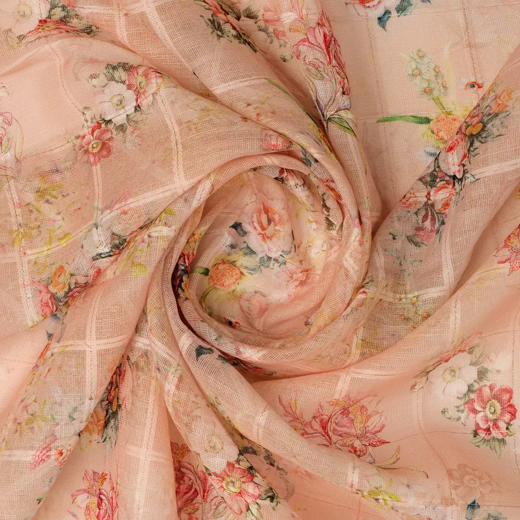 FAB VOGUE Studio Digital Printed Peach Floral Linen Fabric - Perfect for Dresses, Tops, and More! - Image 3