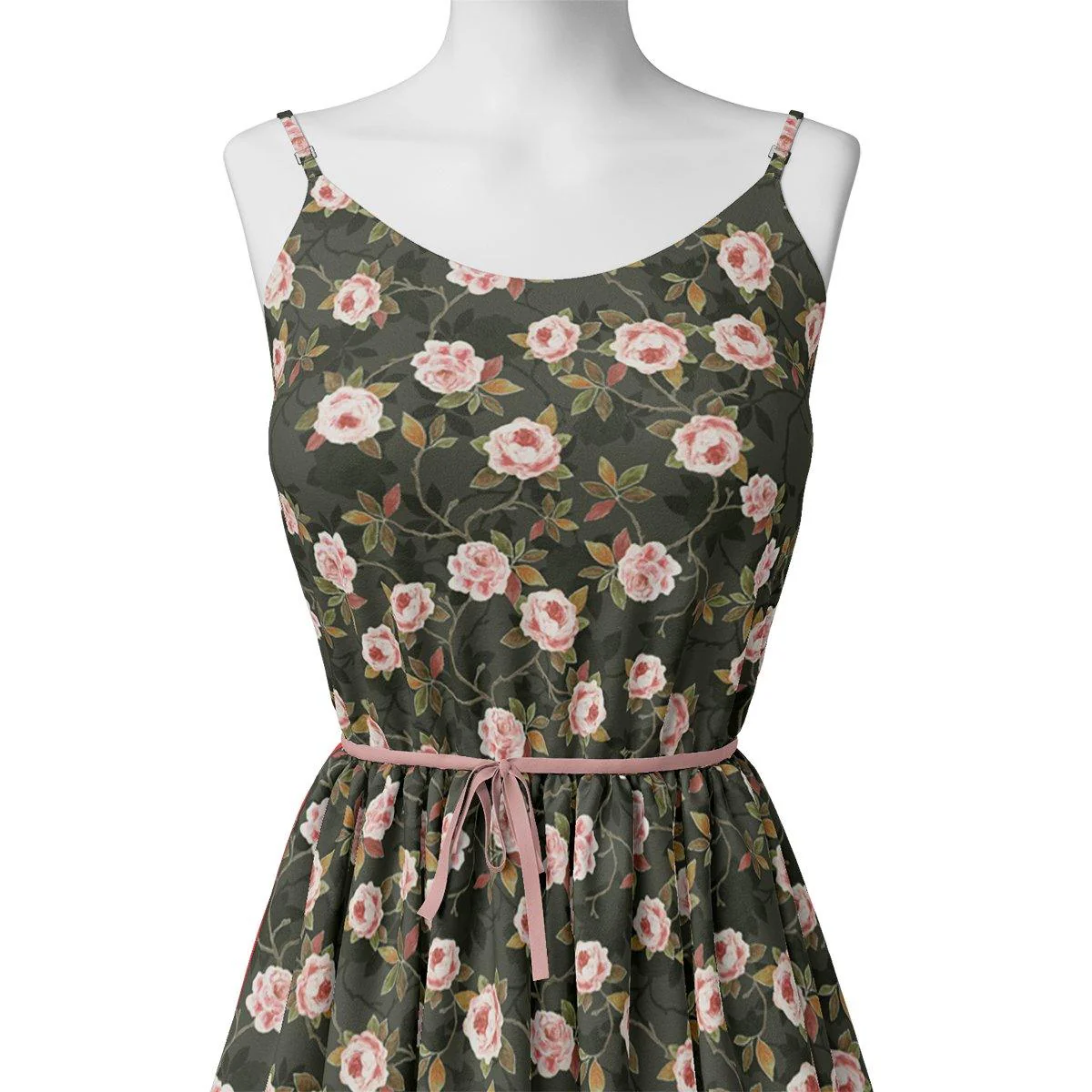 Ditsy Pink Rose With Green Leaves Digital Printed Fabric - Image 2