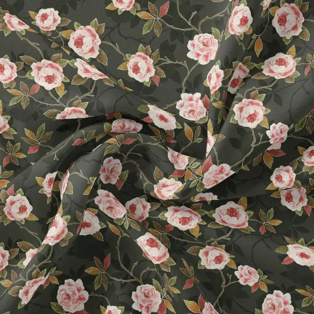 Ditsy Pink Rose With Green Leaves Digital Printed Fabric - Kora Silk - Image 3