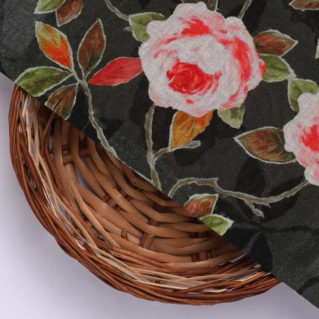 Ditsy Pink Rose With Green Leaves Digital Printed Fabric - Pure Cotton - Image 2
