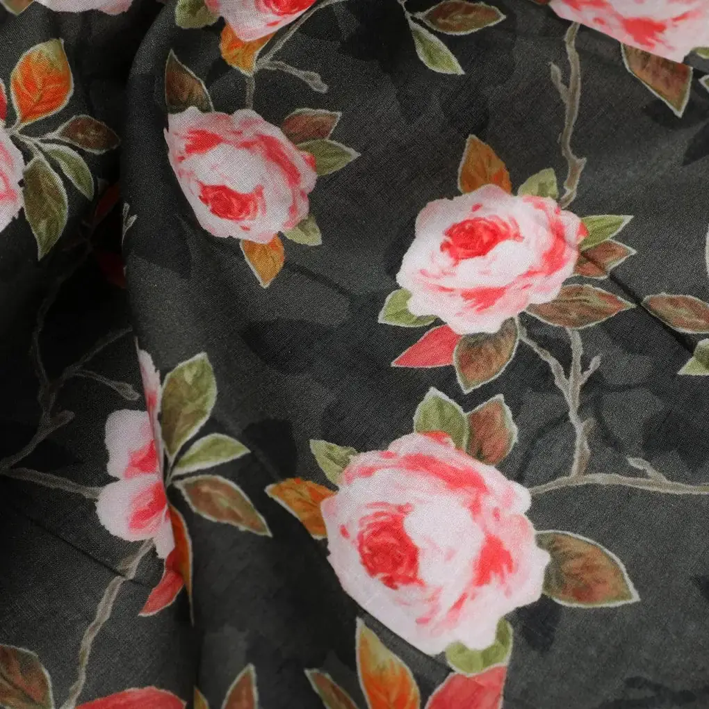 Ditsy Pink Rose With Green Leaves Digital Printed Fabric - Pure Cotton - Image 3