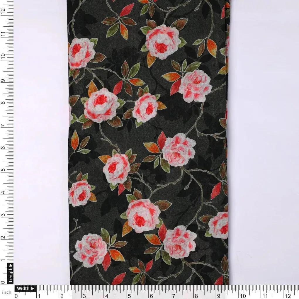 Ditsy Pink Rose With Green Leaves Digital Printed Fabric - Pure Cotton - Image 4