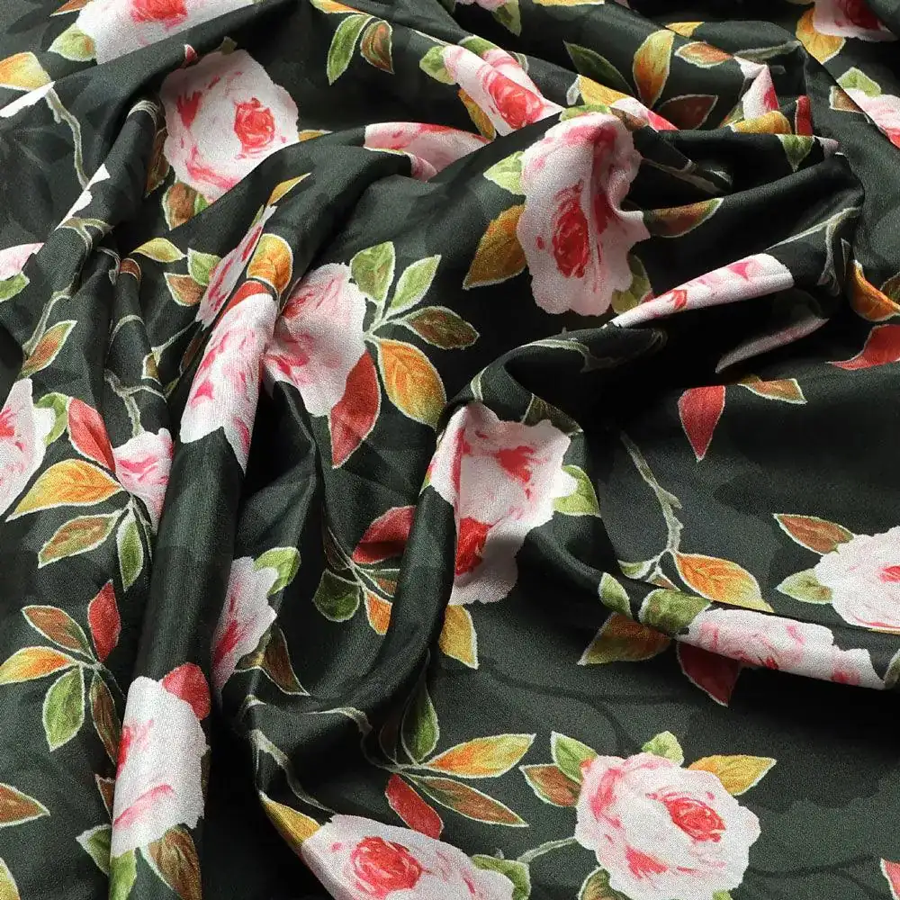 Ditsy Pink Rose With Green Leaves Digital Printed Fabric - Crepe - Image 2