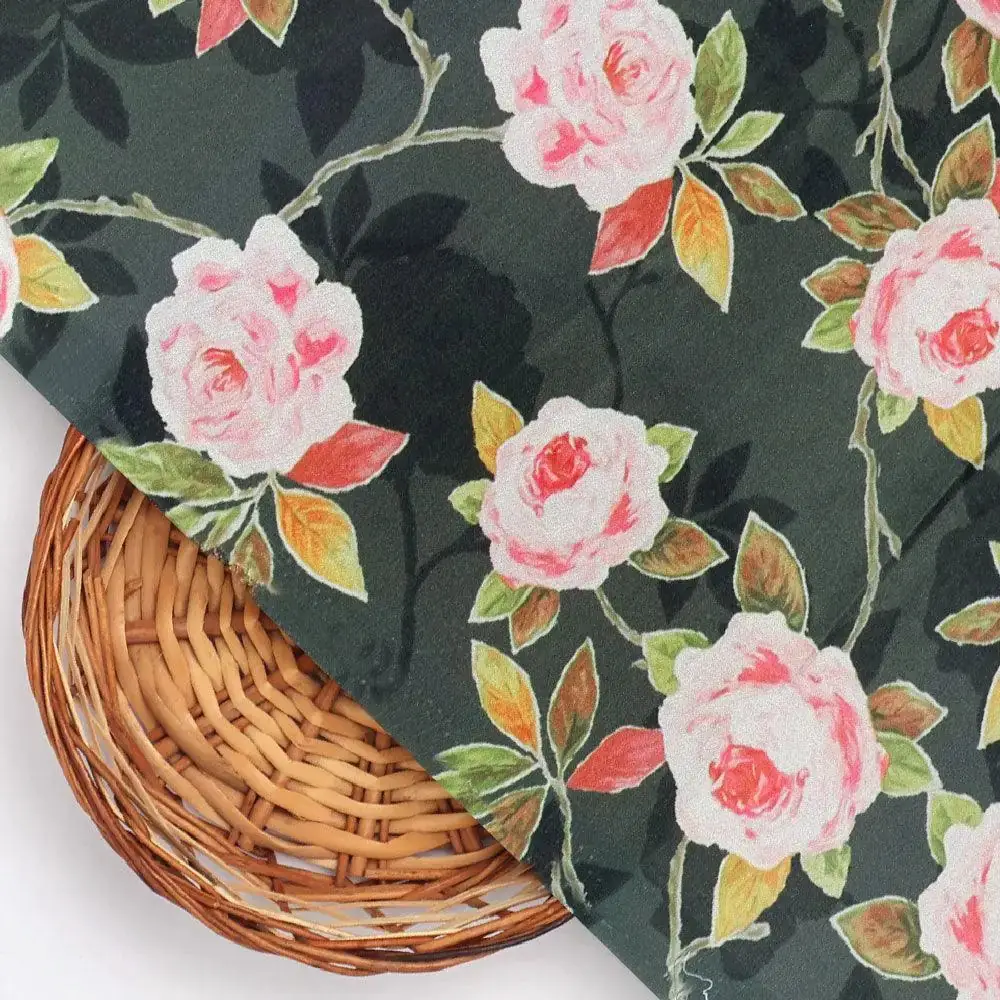 Ditsy Pink Rose With Green Leaves Digital Printed Fabric - Crepe - Image 3
