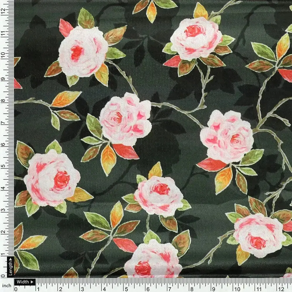 Ditsy Pink Rose With Green Leaves Digital Printed Fabric - Crepe - Image 4