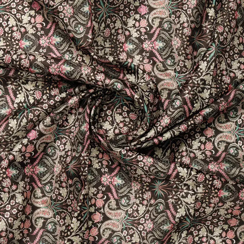 Dola Silk Black Floral Paisley Printed Fabric - Image 2