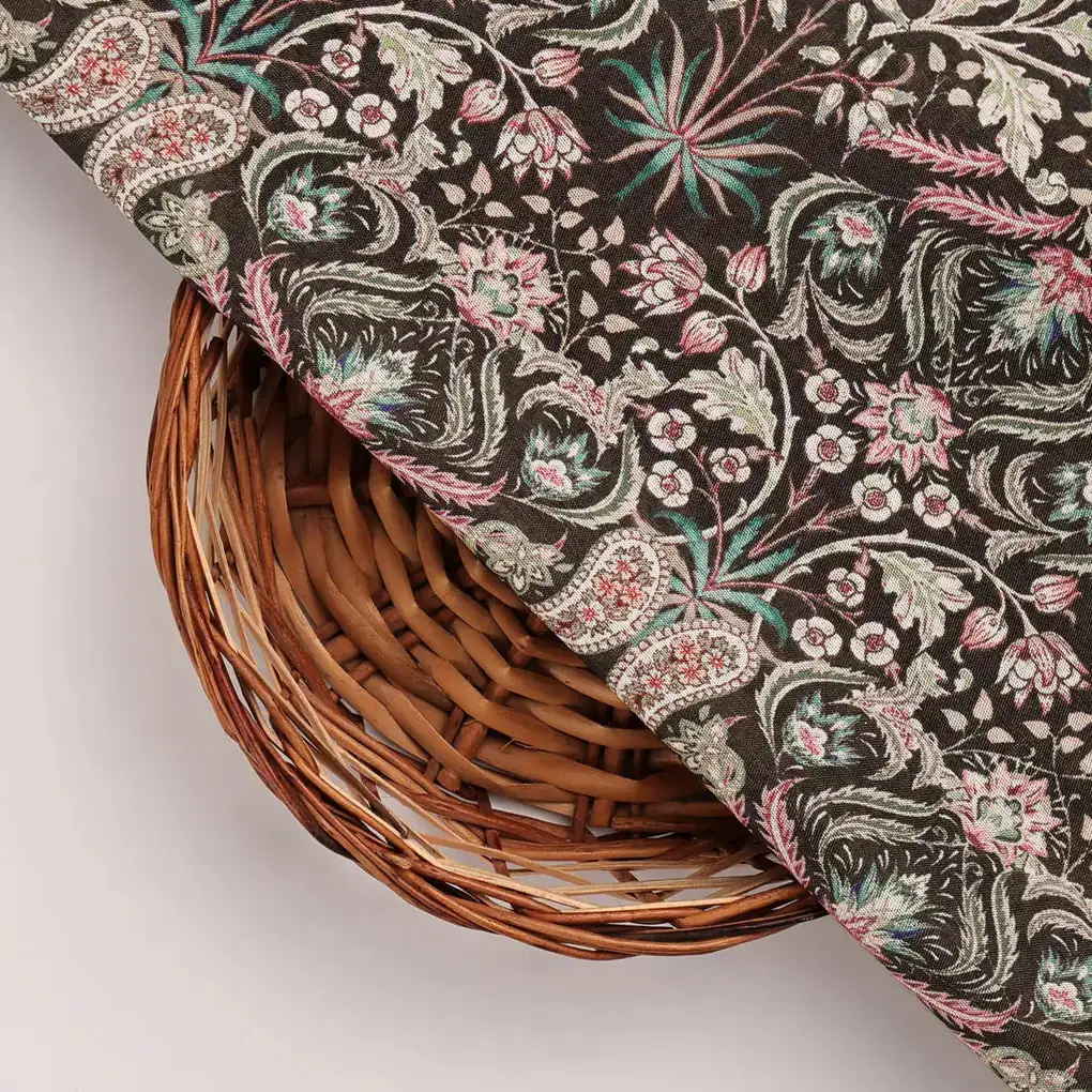 Dola Silk Black Floral Paisley Printed Fabric - Image 3