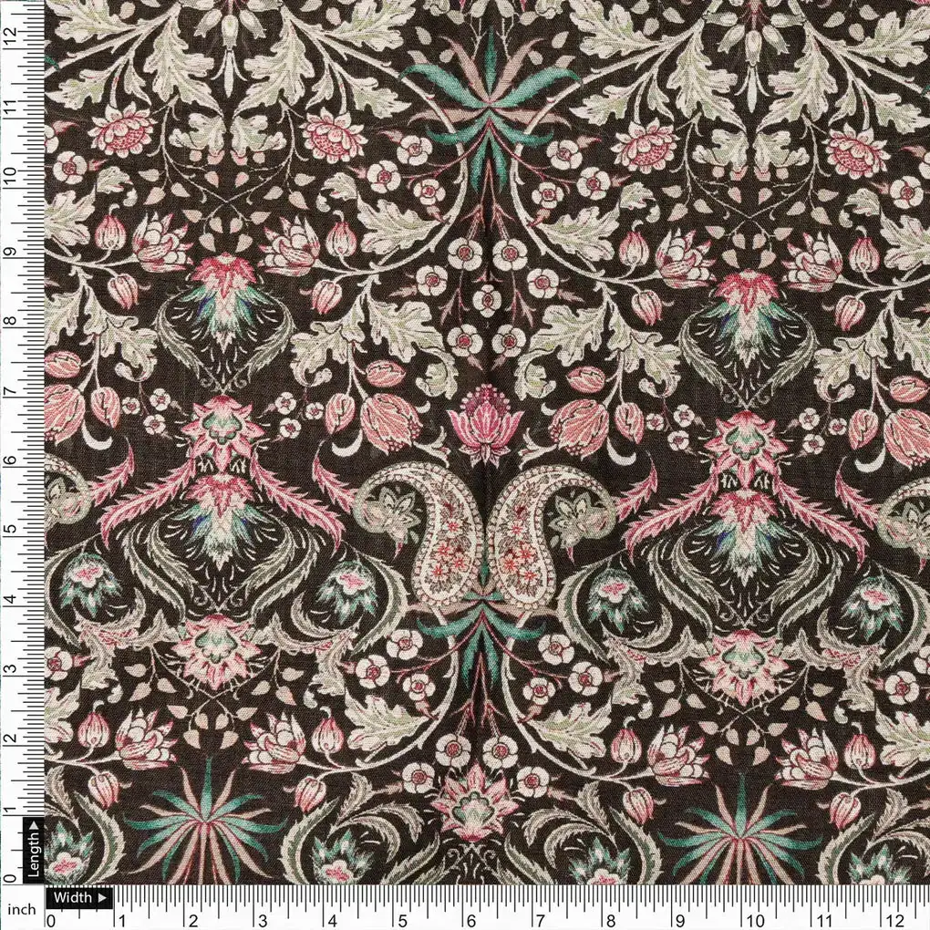 Dola Silk Black Floral Paisley Printed Fabric - Image 4