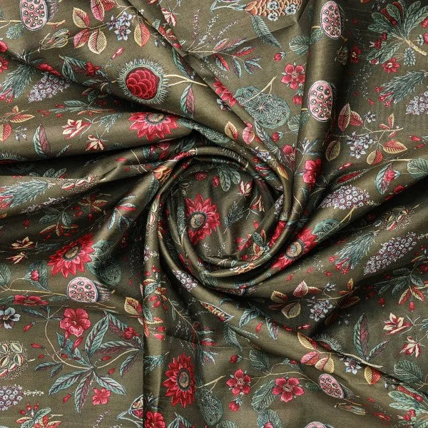Dola Silk Floral Botanical Print Fabric - Olive Green - Image 2