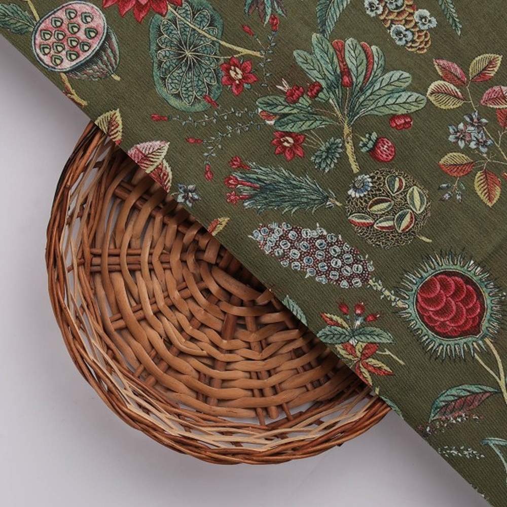 Dola Silk Floral Botanical Print Fabric - Olive Green - Image 3