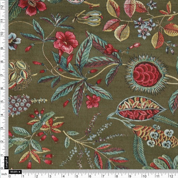 Dola Silk Floral Botanical Print Fabric - Olive Green - Image 4