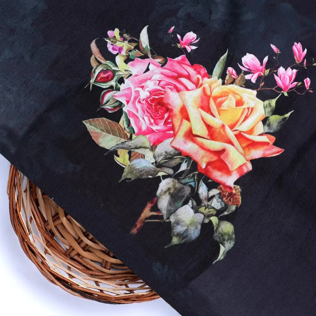Dominant Yellow And Red Rose Digital Printed Fabric - Muslin - Image 2
