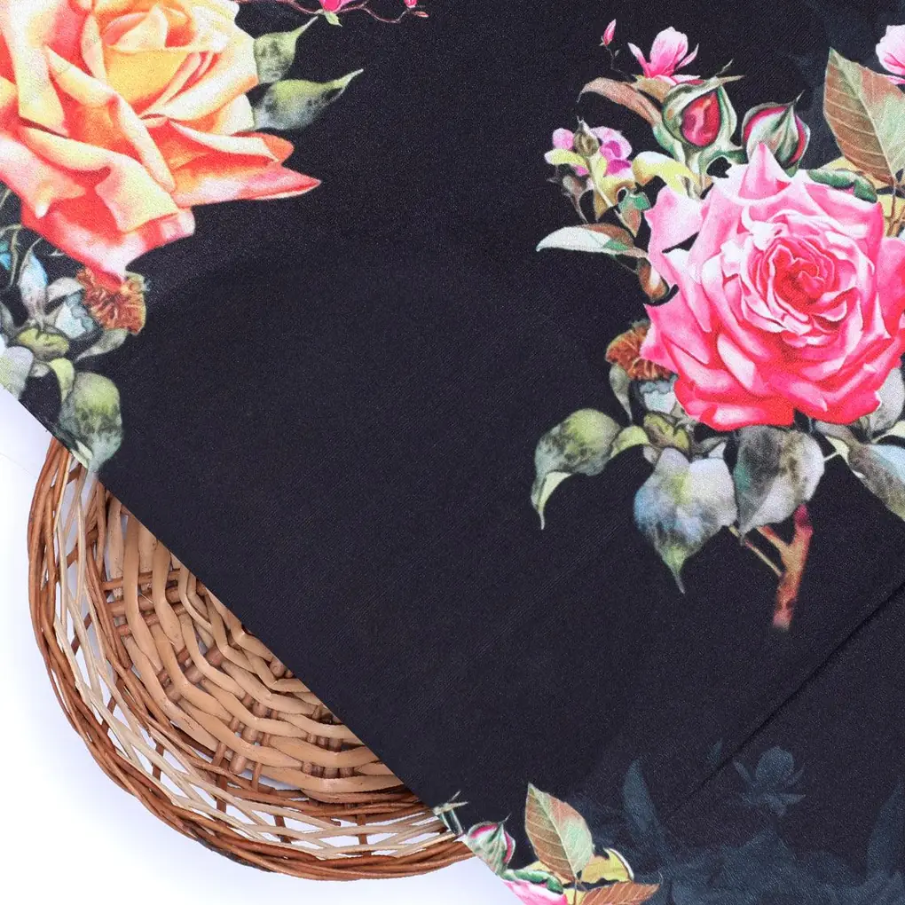 Dominant Yellow And Red Rose Digital Printed Fabric - Crepe - Image 2