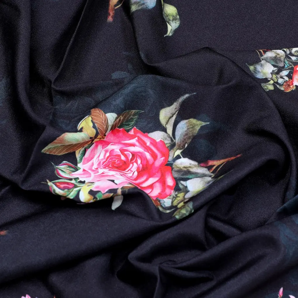 Dominant Yellow And Red Rose Digital Printed Fabric - Crepe - Image 3