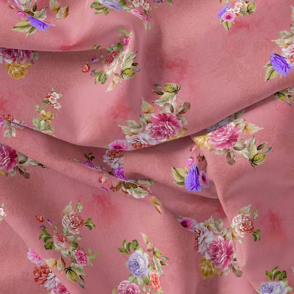 Dusky Pink With Zinnia Flower Digital Printed Fabric - Poly Muslin - Image 3