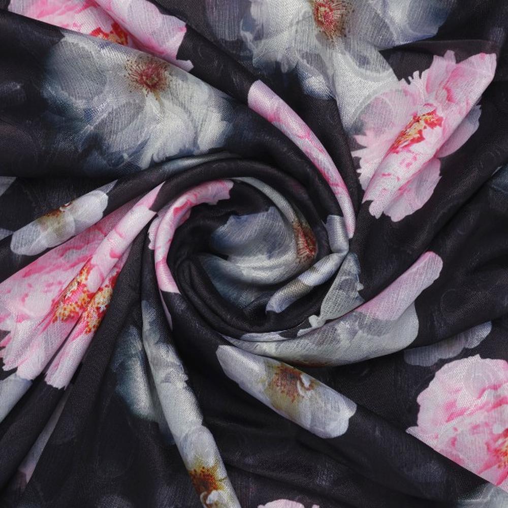 Elegant Black Brasso Fabric with Pink & White Floral Print - Image 2