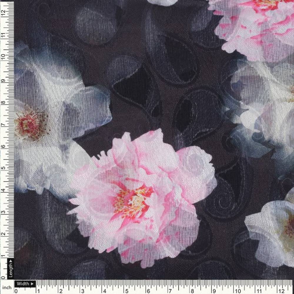 Elegant Black Brasso Fabric with Pink & White Floral Print - Image 4