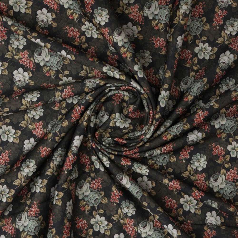 Elegant Dark Floral Garden Print on Soft Muslin Fabric - Image 2