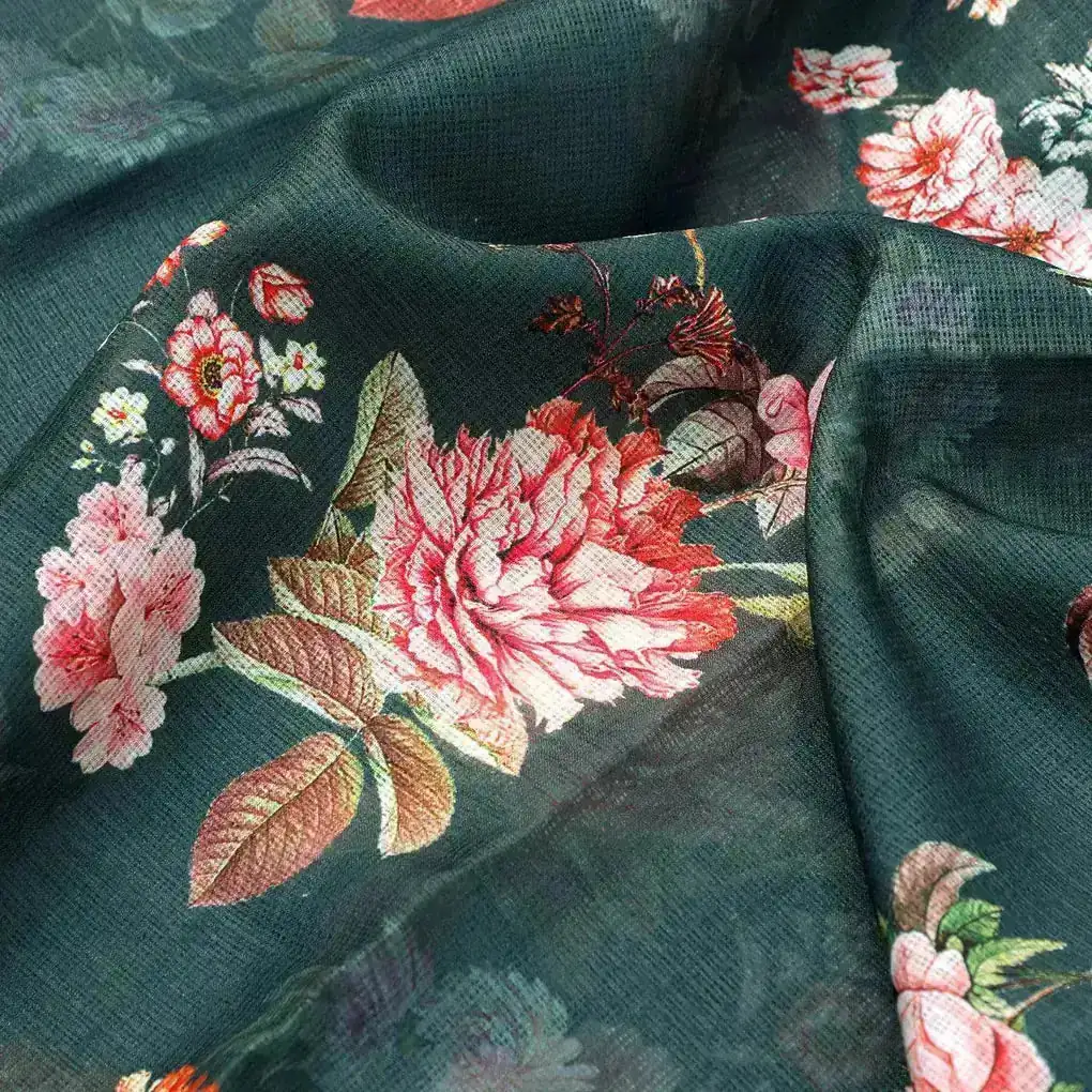 Elegant Floral Digital Printed Kota Doria Fabric - Image 3