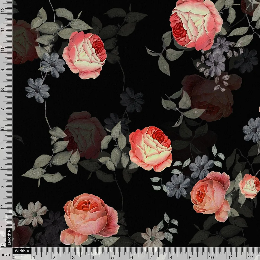 Elegant Floral Over Black Base Digital Printed Fabric - Image 4