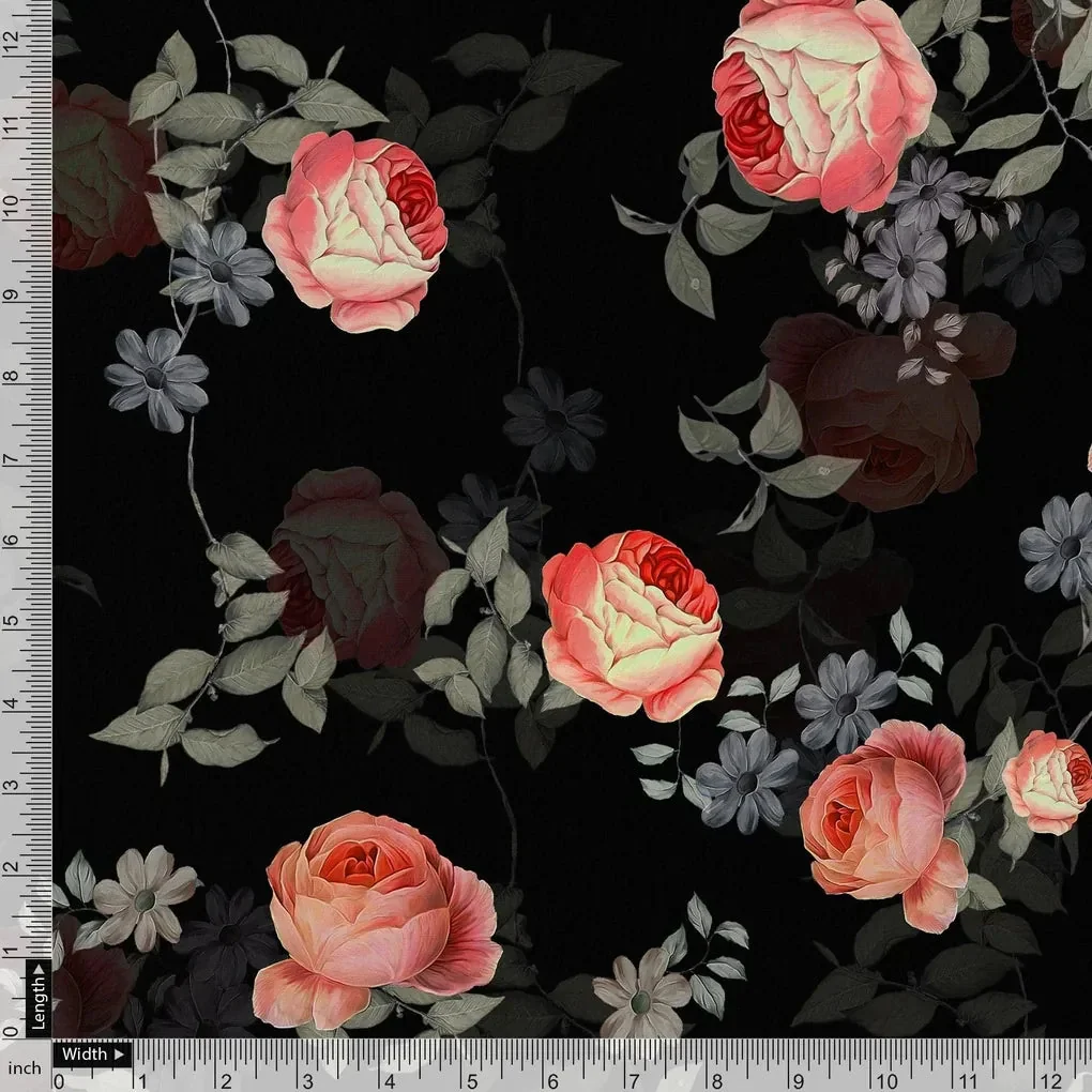 Elegant Floral Over Black Base Digital Printed Fabric - Image 4