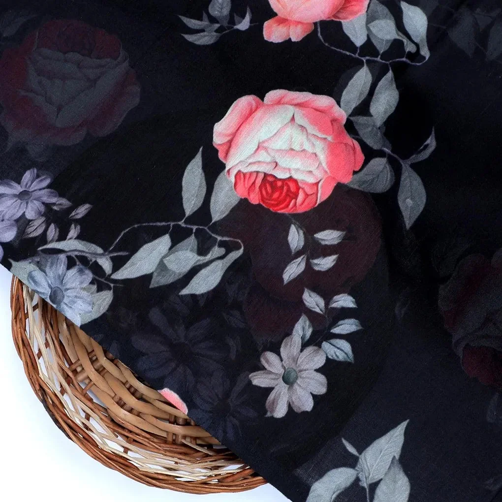 Elegant Floral Over Black Base Digital Printed Fabric - Image 2