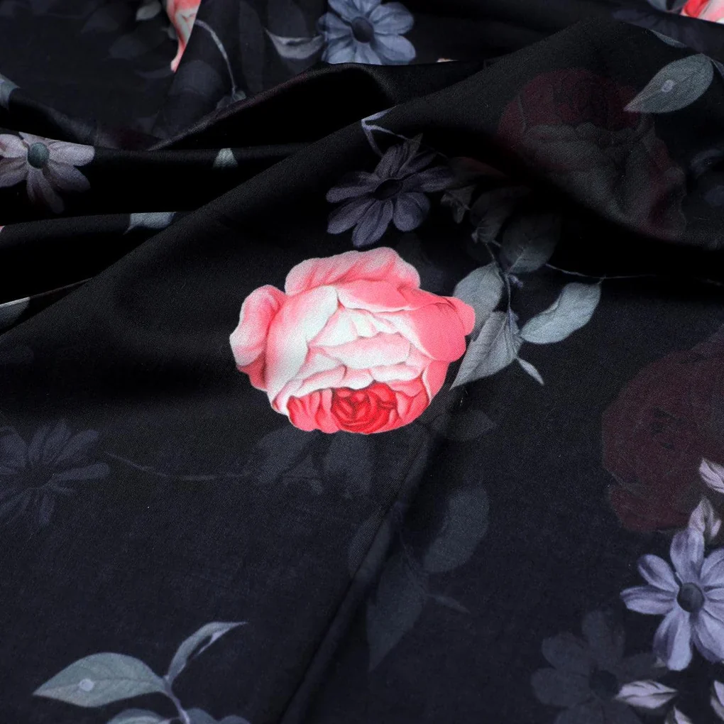 Elegant Floral Over Black Base Digital Printed Fabric - Image 3