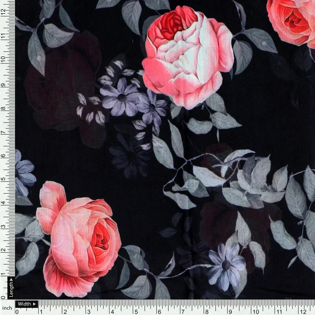 Elegant Floral Over Black Base Digital Printed Fabric - Image 4
