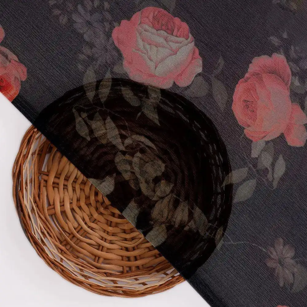 Elegant Floral Over Black Base Digital Printed Fabric - Image 2