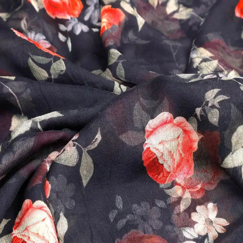 Elegant Floral Over Black Base Digital Printed Fabric - Image 3