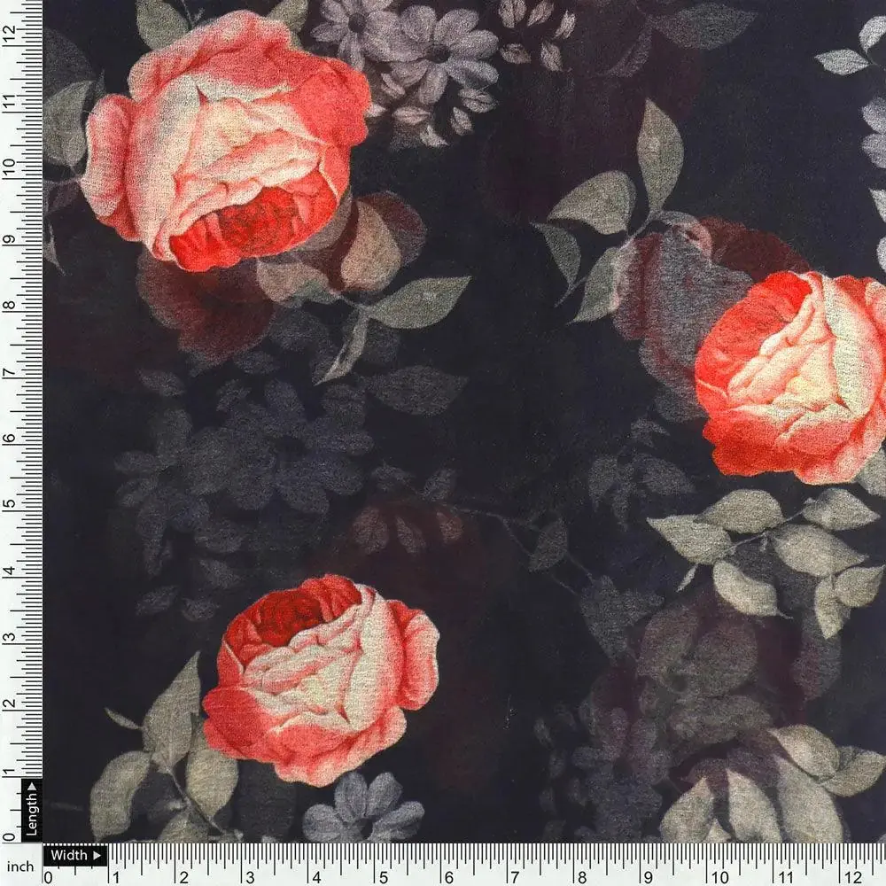 Elegant Floral Over Black Base Digital Printed Fabric - Image 4