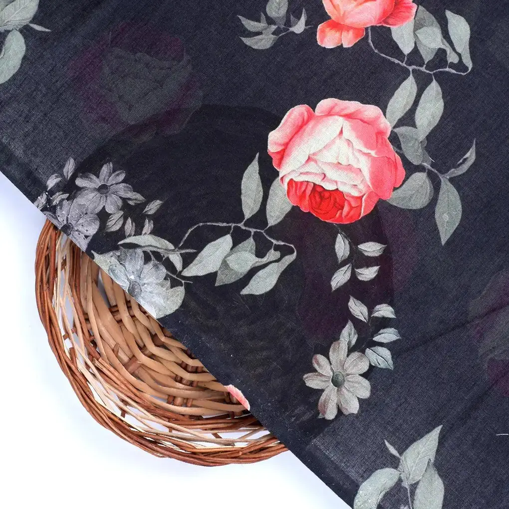 Elegant Floral Over Black Base Digital Printed Fabric - Image 2