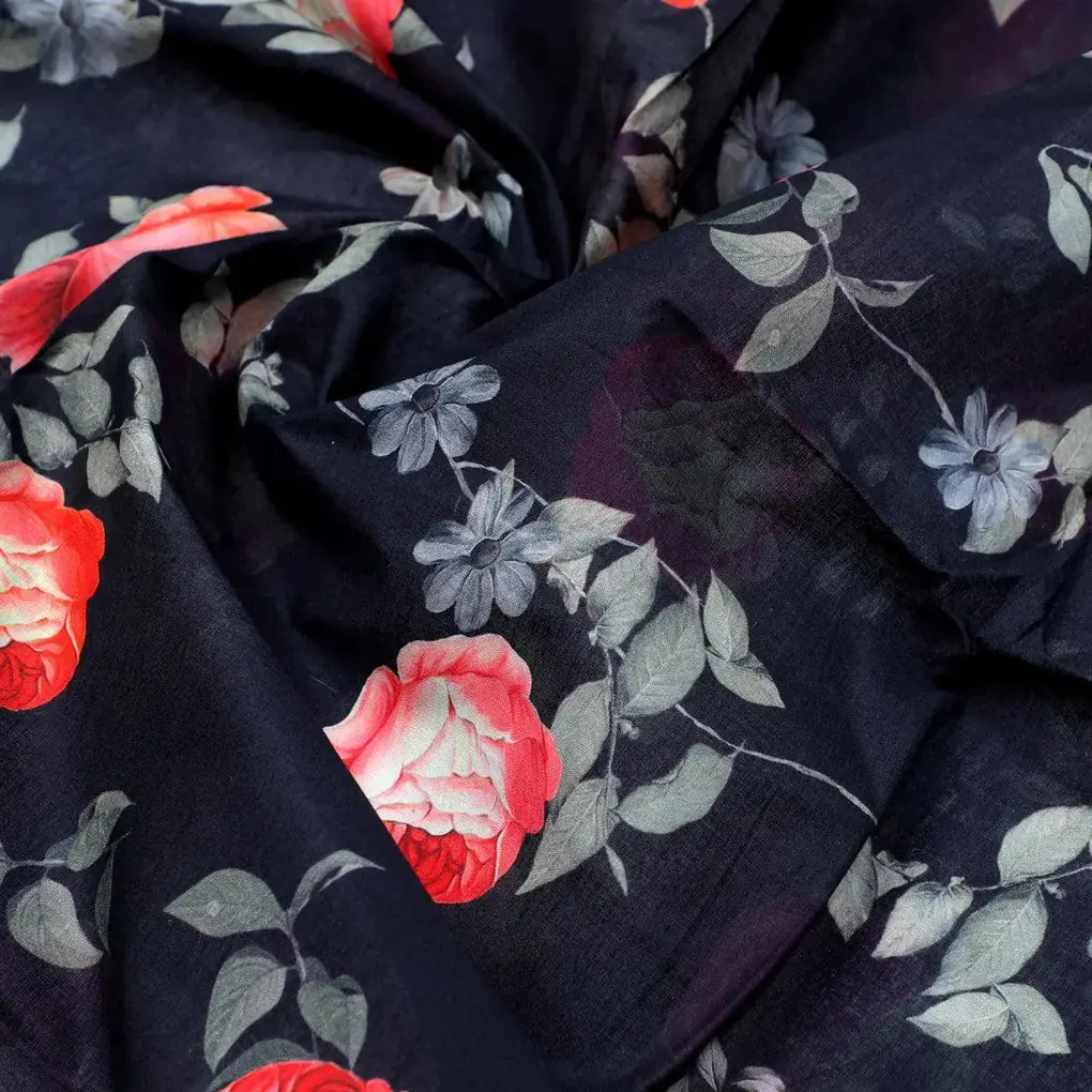 Elegant Floral Over Black Base Digital Printed Fabric - Image 3