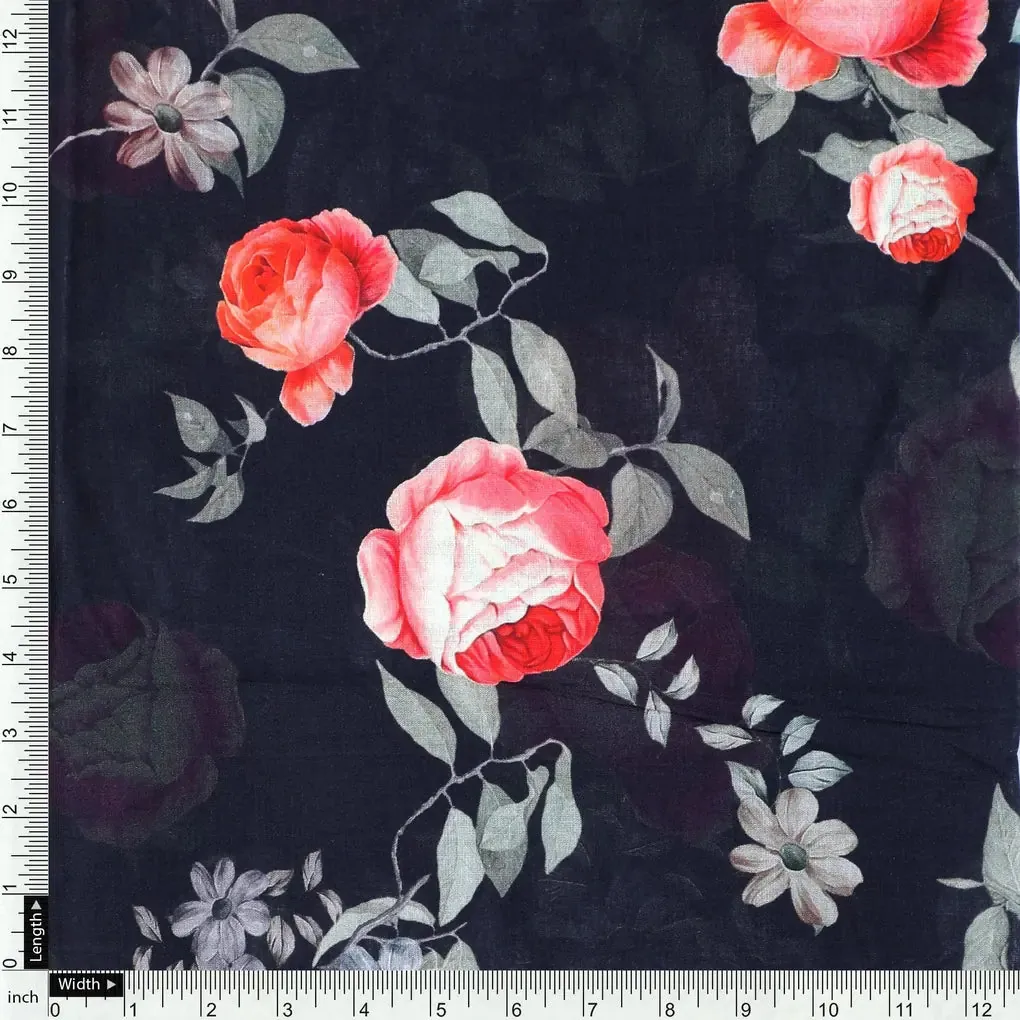 Elegant Floral Over Black Base Digital Printed Fabric - Image 4