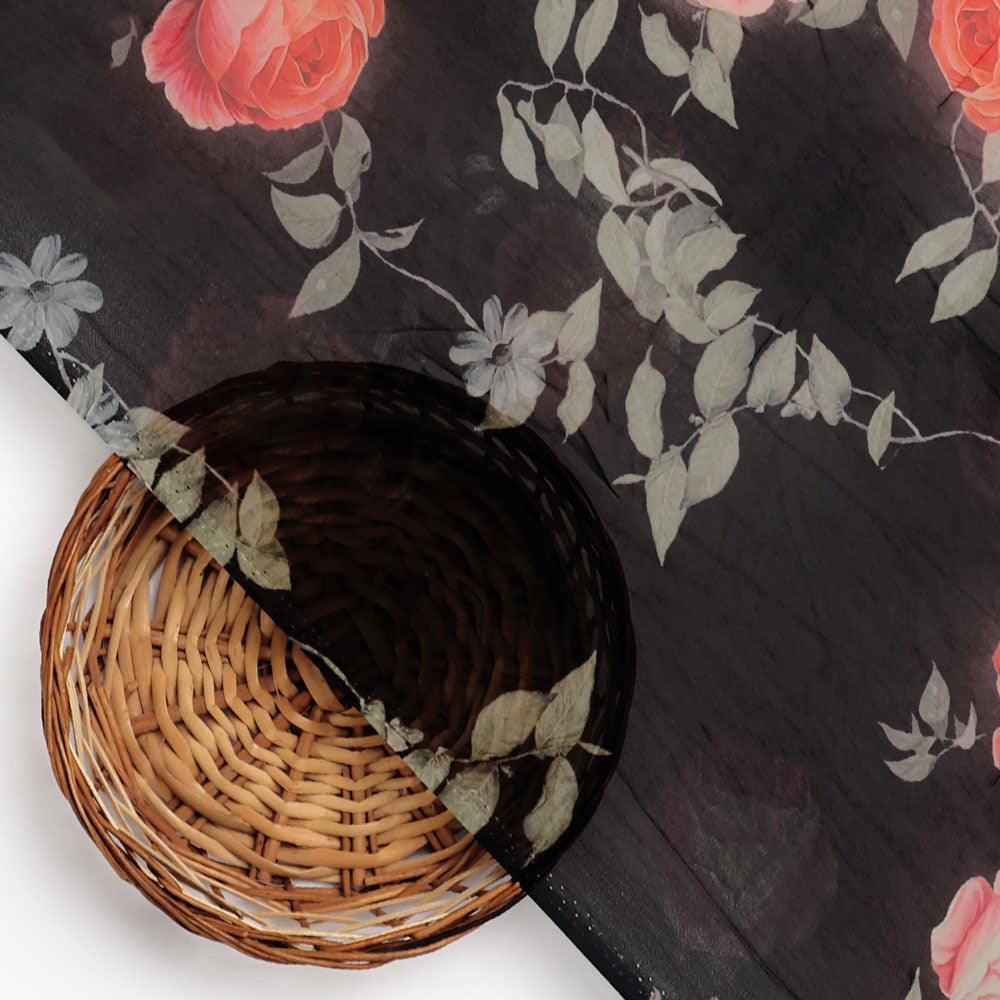 Elegant Floral Over Black Base Digital Printed Fabric - Image 2