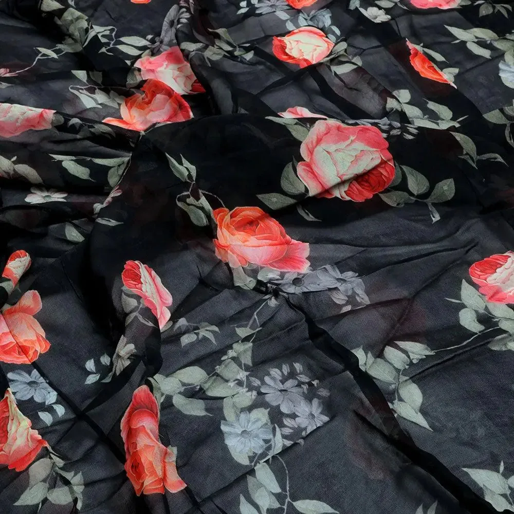 Elegant Floral Over Black Base Digital Printed Fabric - Image 3