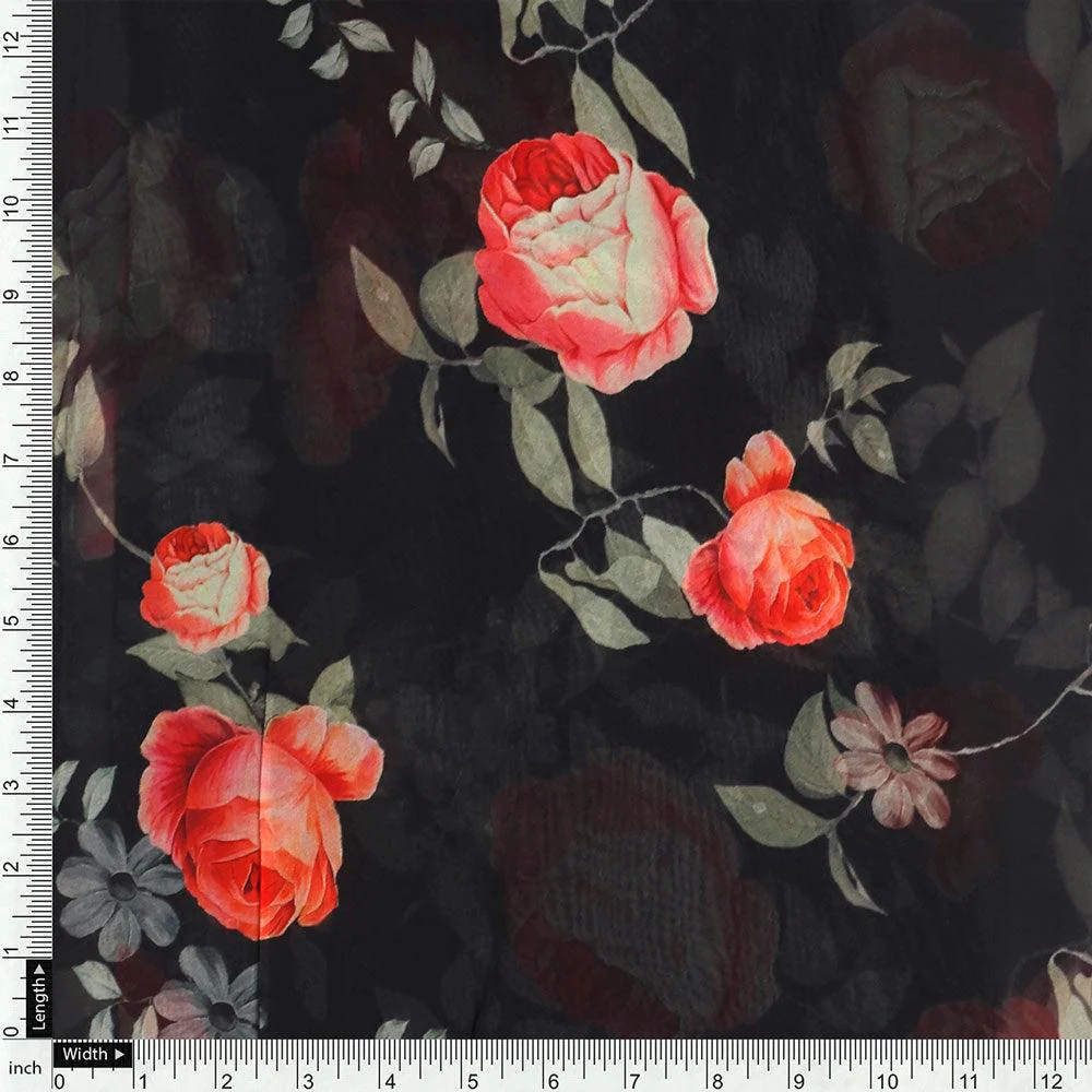 Elegant Floral Over Black Base Digital Printed Fabric - Image 4