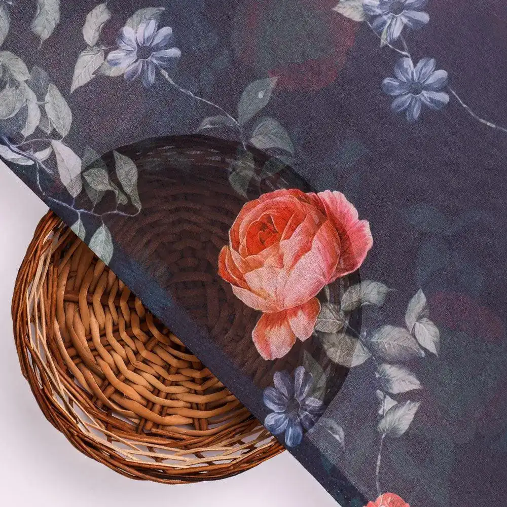 Elegant Floral Over Black Base Digital Printed Fabric - Image 2