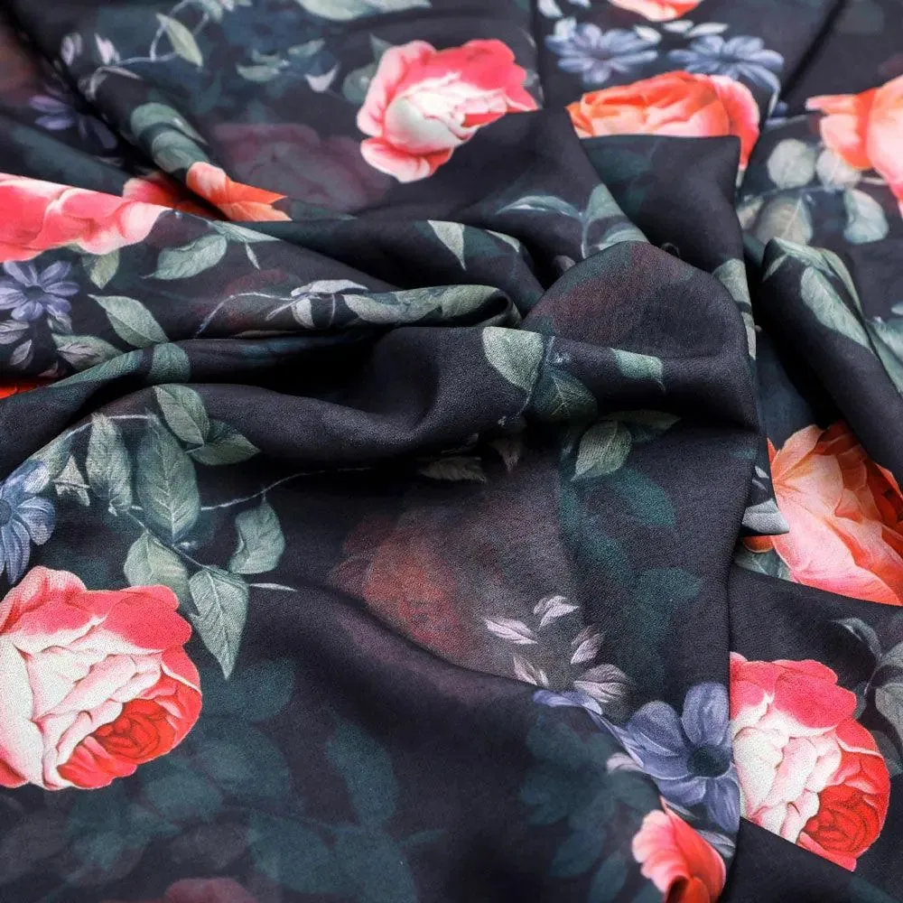 Elegant Floral Over Black Base Digital Printed Fabric - Image 3