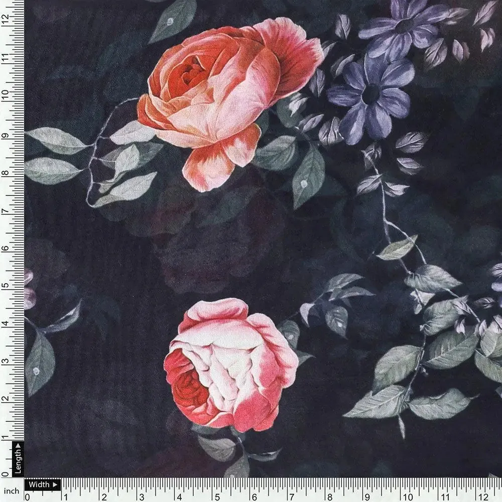 Elegant Floral Over Black Base Digital Printed Fabric - Image 4