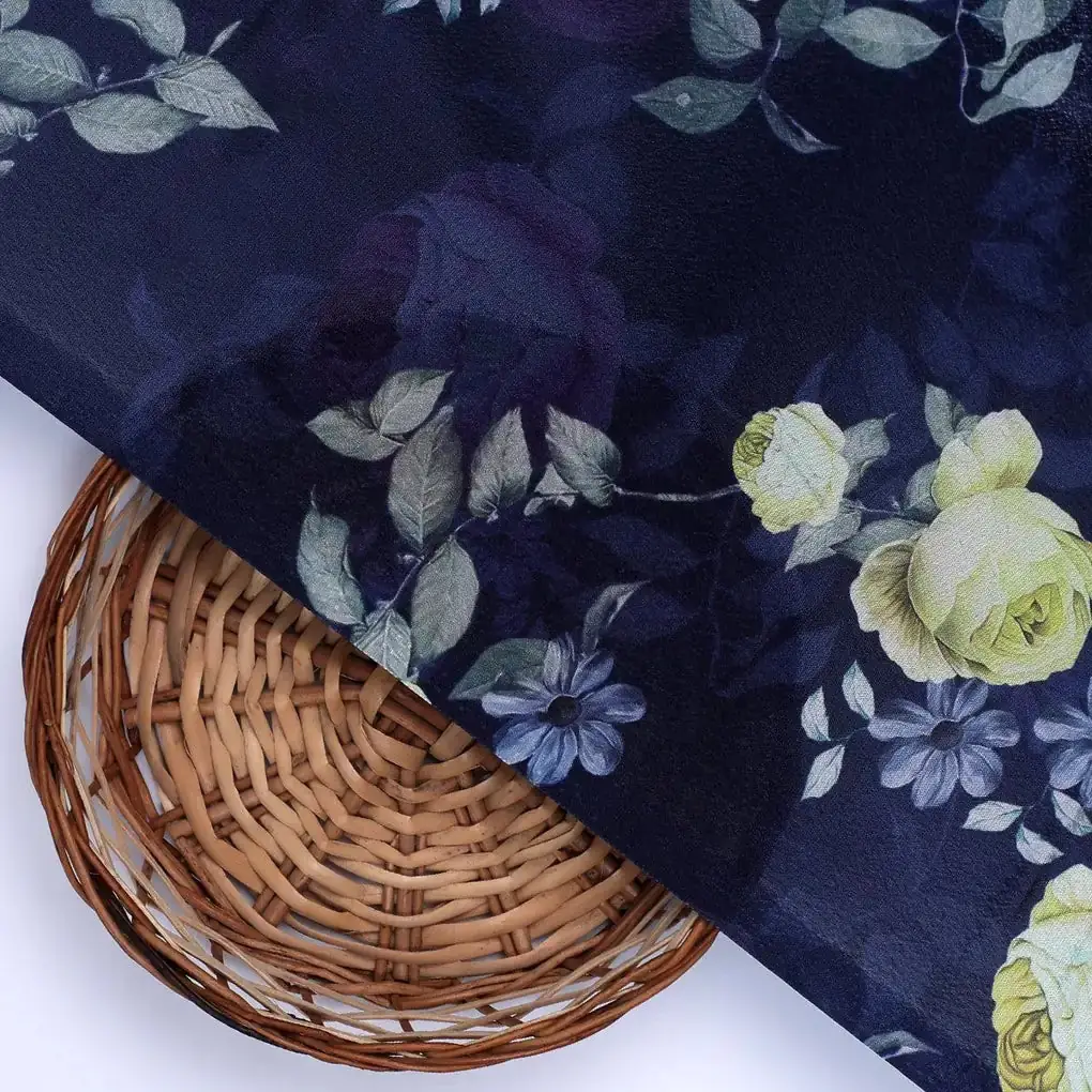 Elegant Floral Over Blue Base Digital Printed Fabric - Image 2
