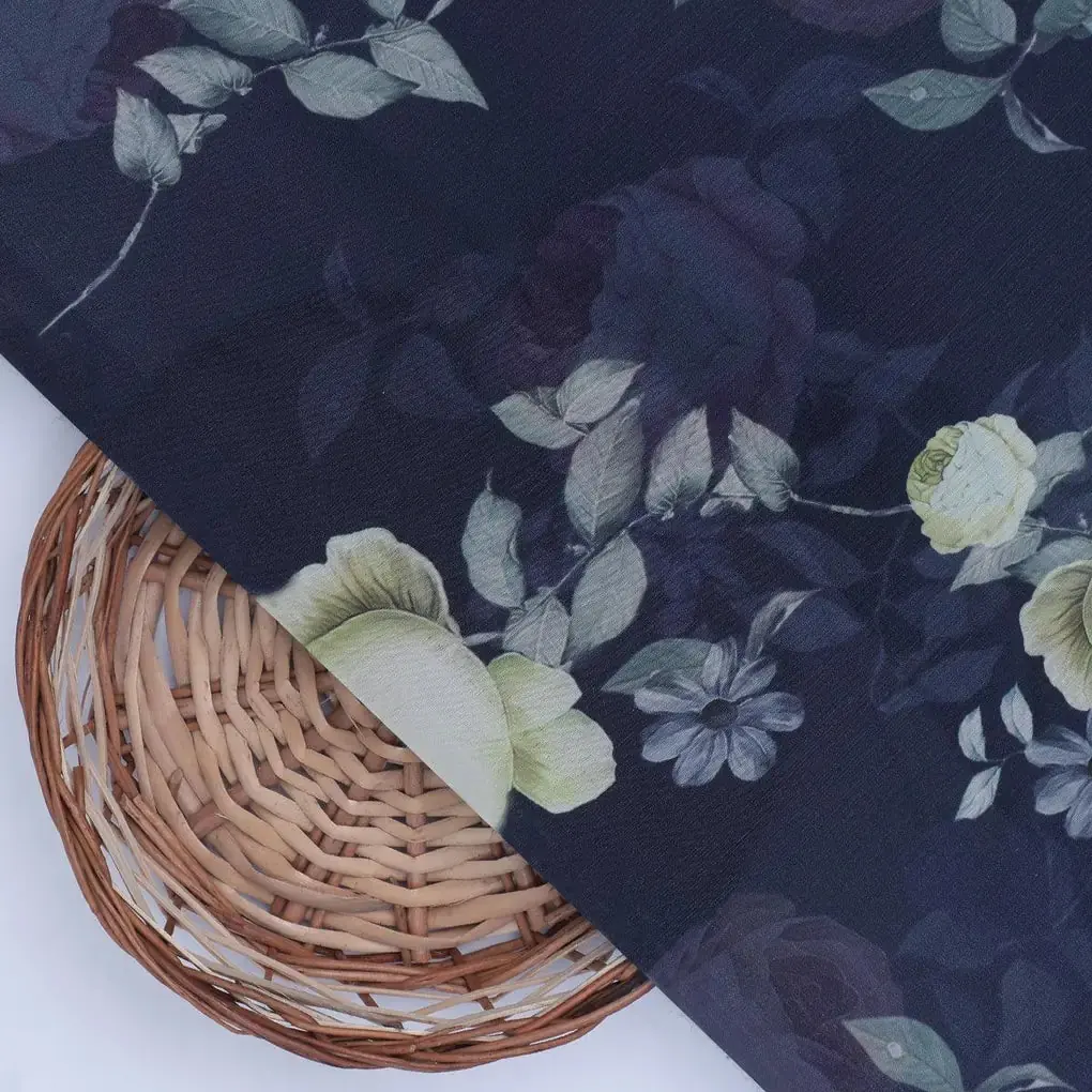 Elegant Floral Over Blue Base Digital Printed Fabric - Image 2