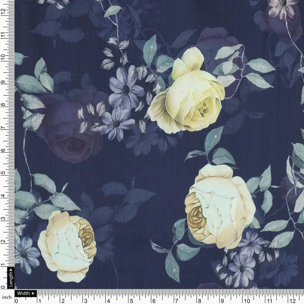 Elegant Floral Over Blue Base Digital Printed Fabric - Image 4