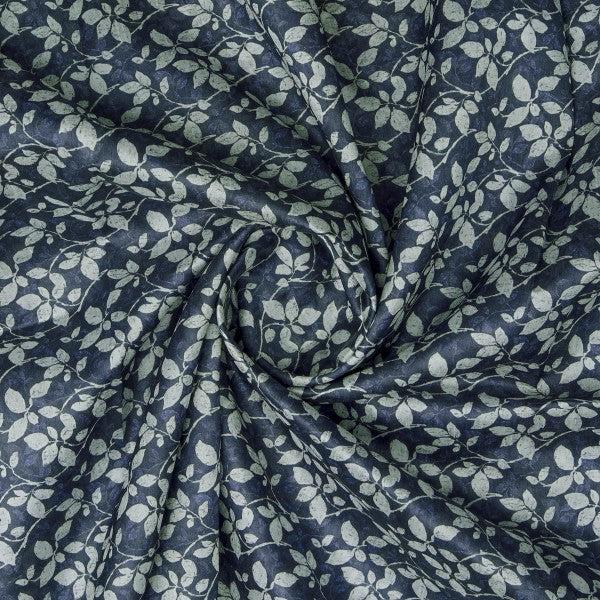 Elegant Navy Blue Leafy Vine Print on Tusser Silk Fabric - Image 2