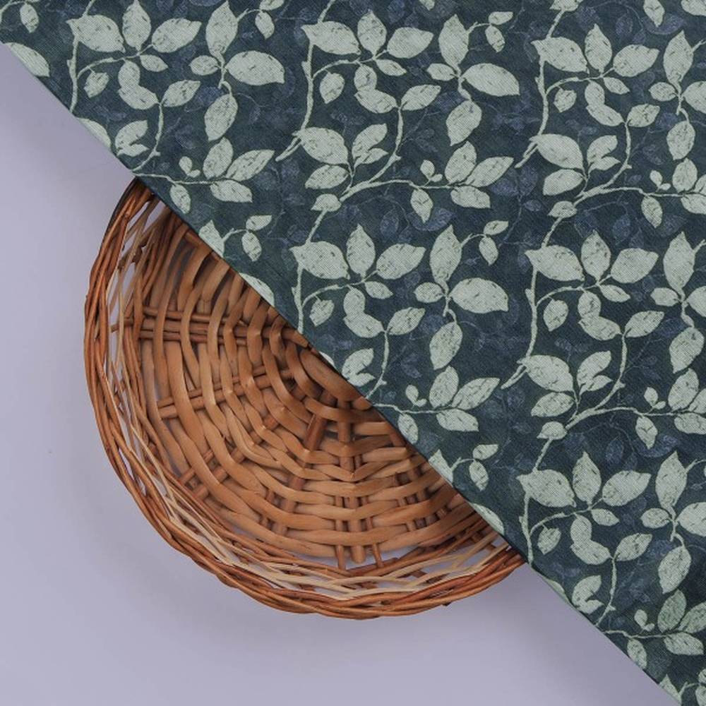 Elegant Navy Blue Leafy Vine Print on Tusser Silk Fabric - Image 3