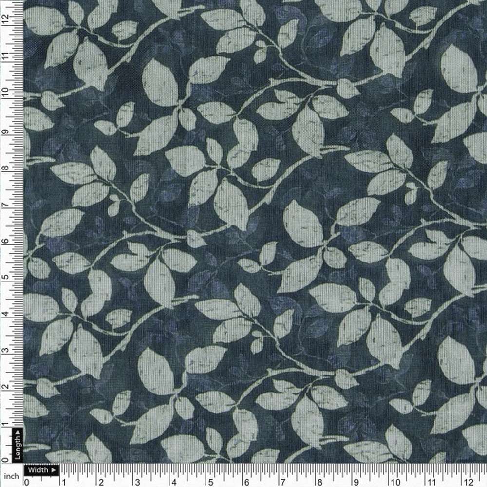 Elegant Navy Blue Leafy Vine Print on Tusser Silk Fabric - Image 4