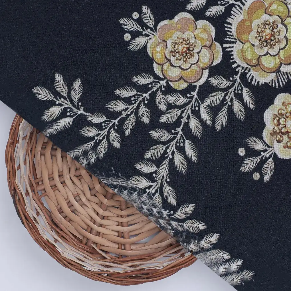 Embroidery Flower And Buds Digital Printed Fabric - Kora Silk - Image 2