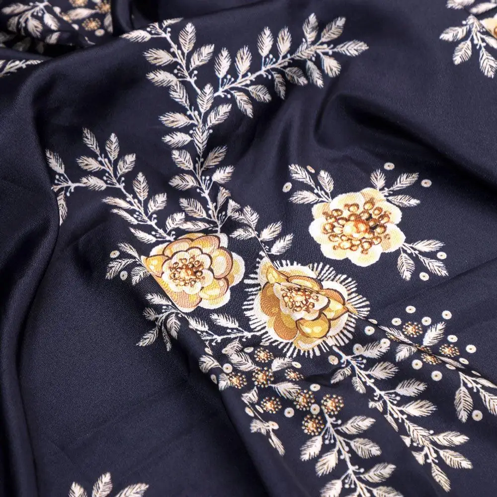 Embroidery Flower And Buds Digital Printed Fabric - Silk Crepe - Image 3