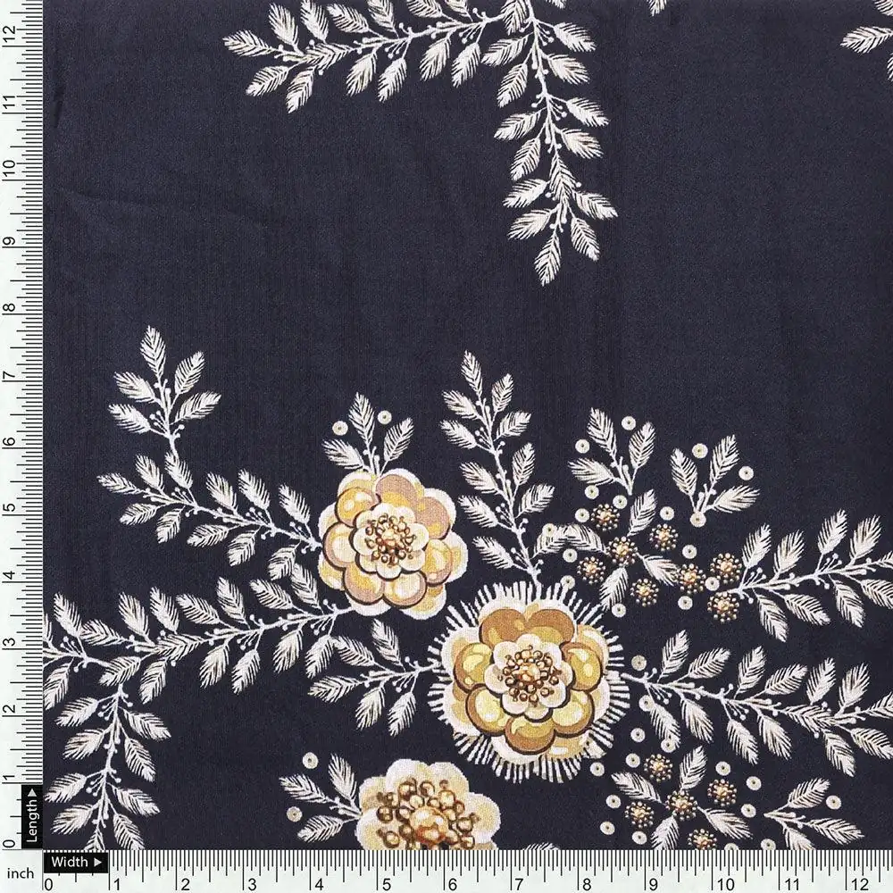 Embroidery Flower And Buds Digital Printed Fabric - Silk Crepe - Image 4