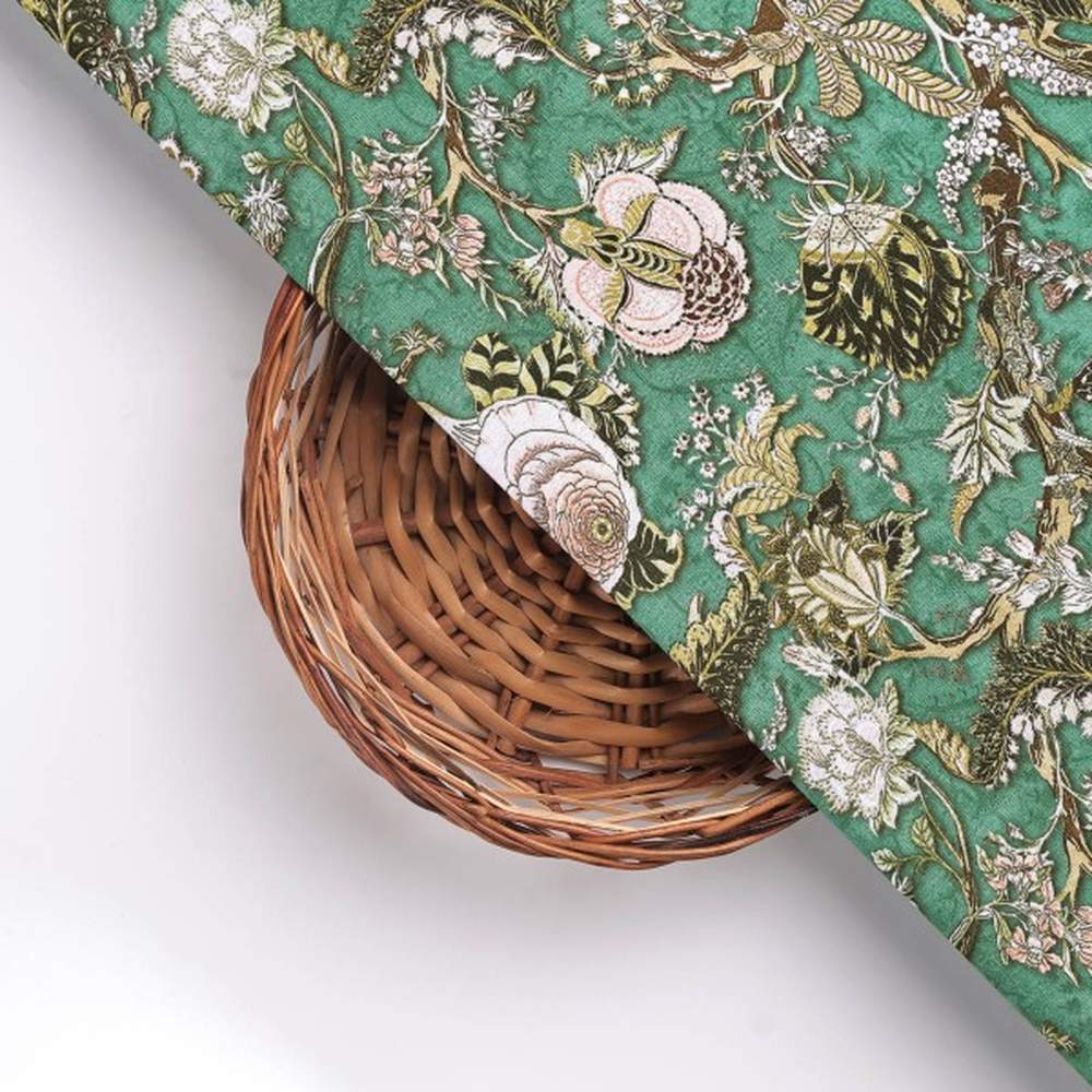 Emerald Green Floral Printed Polyester Fabric - Image 3